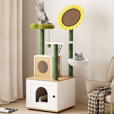 soges Katzenbaum mit Katzentoilette, verstecktes Katzenwaschraum mit Kratzpfosten, Katzenbaumturm mit Katzenwohnung und Hängematte (1/5)
