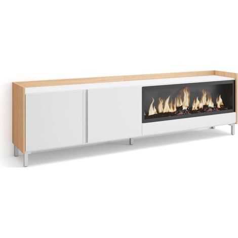 Mueble TV Mollina-01 de 212x61x35 cm con chimenea eléctrica XXL, diseño industrial, color blanco y roble soft (1/4)