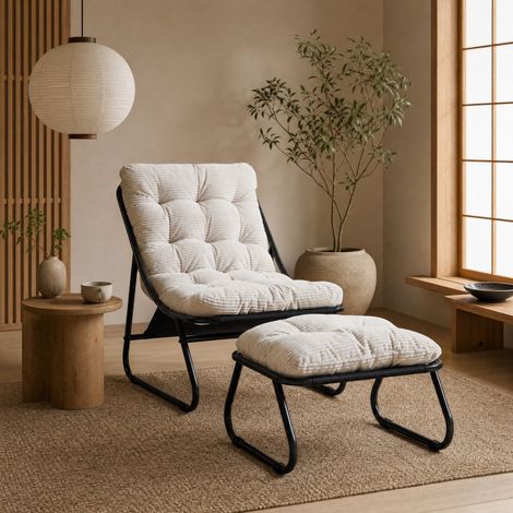 Poltrona lounge da esterno 65x78x86 cm in acciaio nero, con ottomano, moderna FloraGrace (1/5)