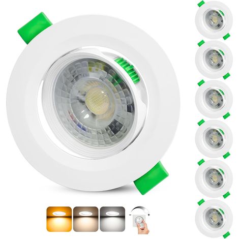 Spot LED Encastrable Dimmable 230V, 5W 500LM Spots de Plafond Orientable Blanc Chaud Blanc Neutre Blanc Froid Réglable, Extra Plat IP44 Spot Salle de Bain, Trou Ø68-80mm, Blanc Lot de 6 (1/5)
