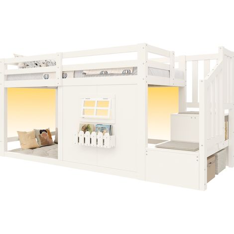 Cama alta 90 x 200 cm de pino y MDF con ventana, escalera con almacenaje y luz LED, blanca (1/5)