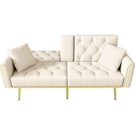 Canapé-lit 175x80 Cm Convertible En Sofa, Velours Beige, Dossier 3 Positions Et Piétement Métal Doré (1/5)