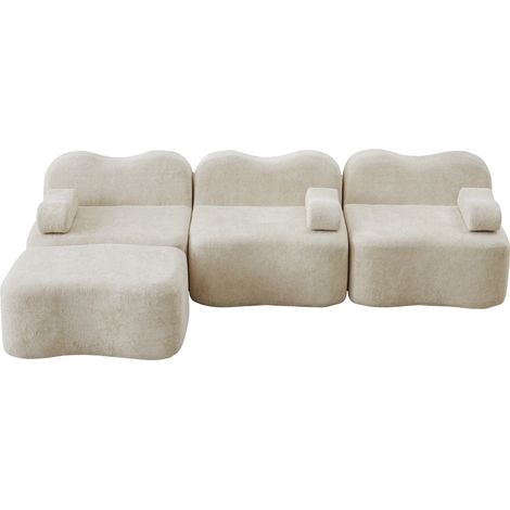 ELVMI Modulares Ecksofa mit Tiefer Sitzfläche, Verbindbarem Hocker und Wellenform, aus Samt, Beige (1/5)