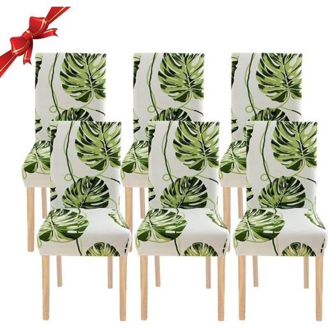 6 Pièces Housse de Chaise Extensible(Feuilles vertes), Universelle Lavables,Couverture de Chaise Facile à Nettoyer pour Décor Salle à Manger Hôtel Restaurant (1/4)