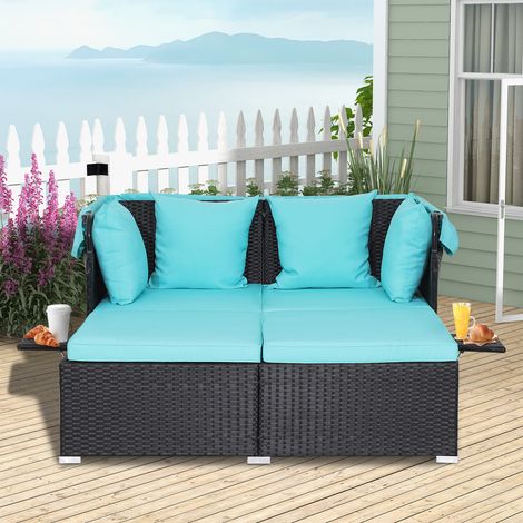 Outdoor Hand-Woven PE Wicker Daybed Patio Loveseat Sofa Set-Turquoise (1/5)