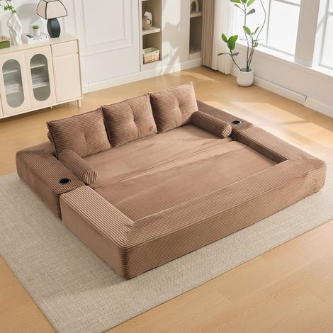 Sofá cama de 3 plazas (232x98x80 cm), convertible, con bolsillos laterales y portavasos, tejido de pana marrón (1/5)