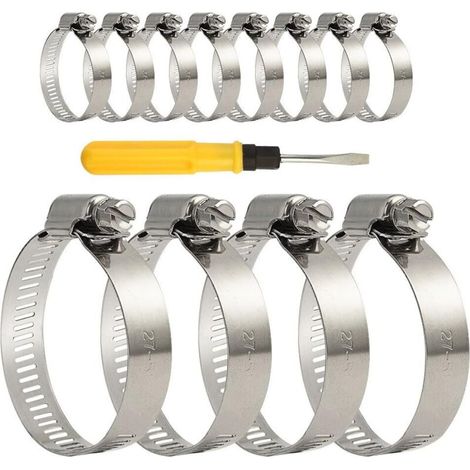 12-teiliges, verstellbares Schlauchschellen-Set aus Edelstahl mit Schraubendreher für Haushaltsgas (27–51 mm). Schraubendreher nicht im Lieferumfang enthalten. (1/4)