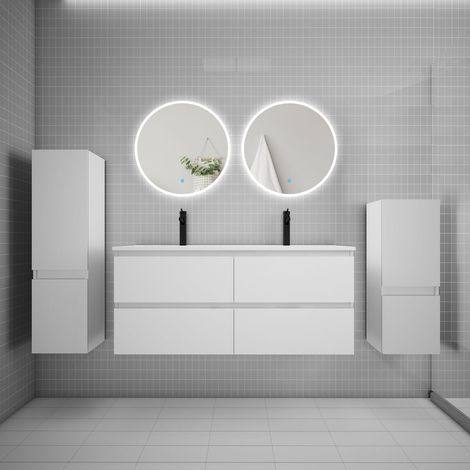 Ensemble meuble double vasque L.120cm 4 tiroirs + lavabo + 2LED miroirs rond 60cm + 2colonne,blanc
