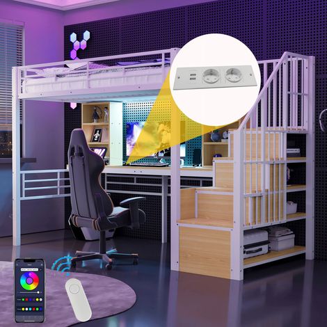Lit Mezzanine métal 90x200 avec LED et Port USB, Lit Superposé Enfant 2 Places avec Bureau, Étagère et Escalier Rangement, Lit en Hauteur, Blanc (1/5)