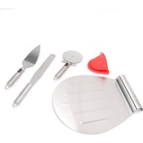 Set 5 pcs ustensiles pizza inox silicone : pelle transfert pizza, spatule, roulette coupe pizza, pince anti-brulure, pelle ronde (1/5)