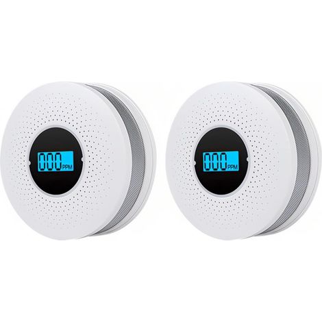 Détecteur de monoxyde de carbone et de fumée avec écran LCD, alimenté par piles, pour usage domestique. (1/4)