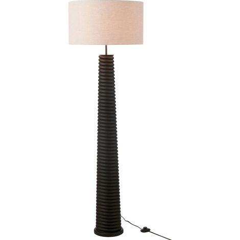 Lampadaire bois noir et gris design contemporain filetage élégant - Noir fileté bois gris abat jour beige (1/5)