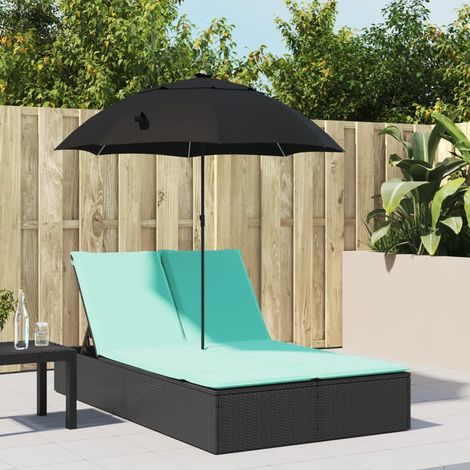 Chaise longue double de jardin en résine tressée avec parasol et coussins noir et turquoise - PANGIVO (1/5)