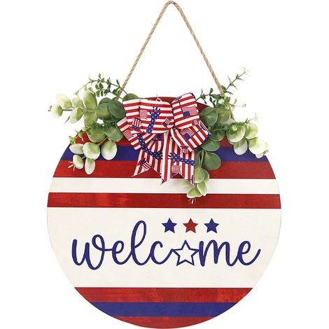 Panneau Porte 4 Juillet - Panneau Patriotique en Bois pour Extérieur - Décoration Murale Porche Jardin - 28 cm - Rouge Blanc Bleu - 1 Pièce (1/5)