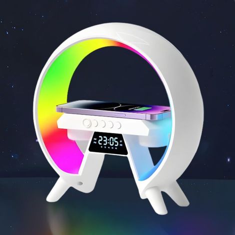 Intelligente Tischleuchte mit kabellosem Ladegerät, G-förmiger Bluetooth-Lautsprecher mit Wecker, dimmbare LED-Tischleuchte mit 3 Farben