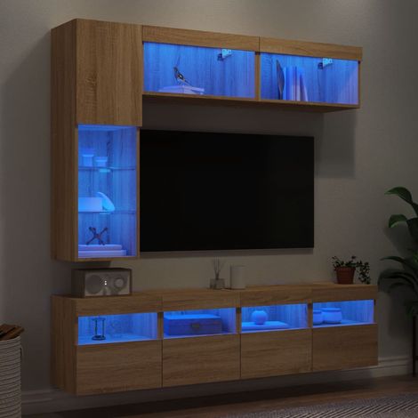vidaXL Set Mobili TV a Muro 7 pz con Luci LED Rovere Sonoma (1/5)