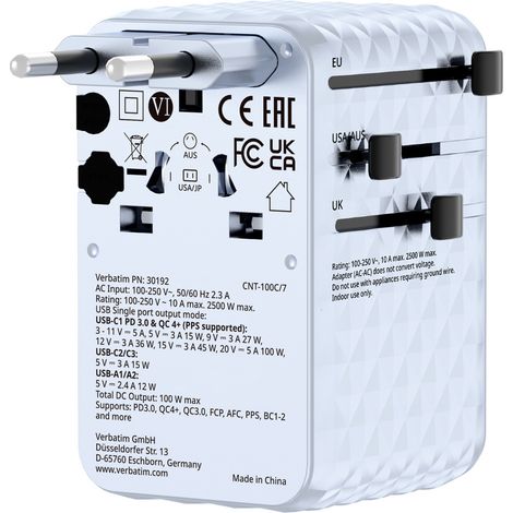 Reiseadapter Verbatim Charge 'n' Travel 100W USB-C USB-A (1/5)