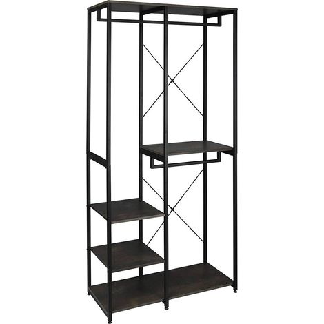 WOLTU Attaccapanni Stand Appendiabiti con Scaffali Legno Metallo 90x40x204.5cm Nero + Rovere Scuro