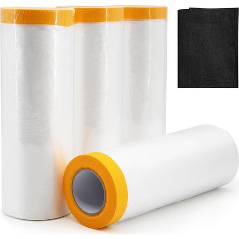 4 Rolls of Paint Protection Tarpaulin with Adhesive and Cleaning Cloth, 270 cm x 20 m Transparent Protective Paint Roll Tarpaulin Paints with Scotch for Floor Automotive Furniture (1/5)