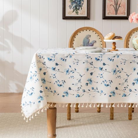 Rustikale Tischdecke, wasserdicht, schmutzabweisend, knitterfrei, geeignet für Esszimmer/Küche/Terrasse, maschinenwaschbar, geeignet für den Innen- und Außenbereich (blaues Blumenmuster, 140 cm x 140 (1/5)