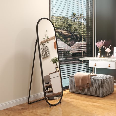 Grand miroir sur pied. miroir ovale. cadre en métal noir. avec support pour entrée. chambre. dressing. 40 x 160 cm