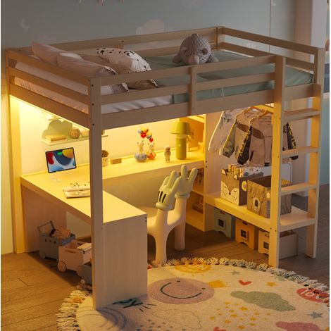 letto matrimoniale 140x200 scrivania LED USB naturale OKMYHOME (1/5)