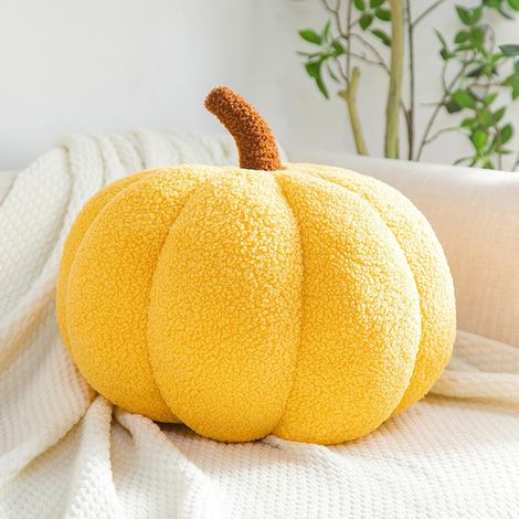 Pumpkin Cushion, Cream White Pumpkin-Shaped Cushion, Autumn Decorative Cushion, Aesthetic Teddy Velvet Sofa Cushion, Halloween Home Decoration (Yellow, 28cm) (1/5)