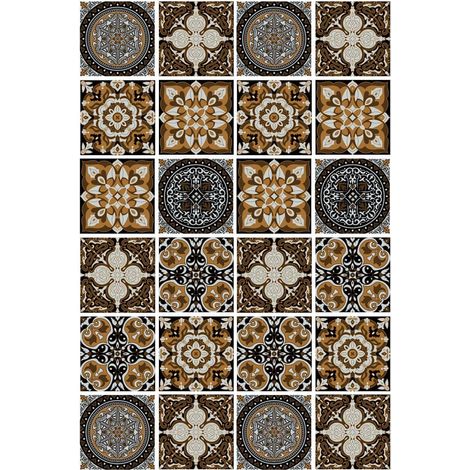 Autocollants pour Carrelage Adhésifs Vintage Brun, Imperméables et Anti-huile, Autocollants Muraux DIY Cuisine et Salle de Bain, 24 Pièces, Surface Lisse Facile à Nettoyer (1/5)