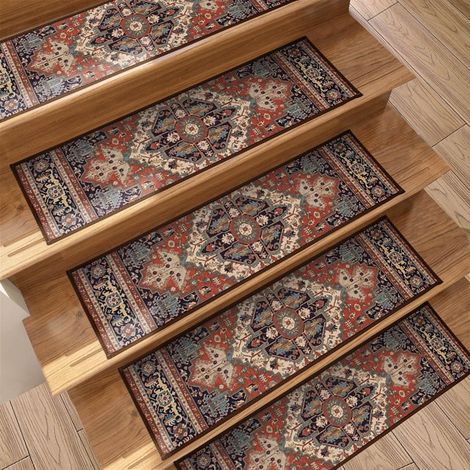 Ensemble de tapis de marche d'escalier - Motif oriental - 2076 cm - 4 pièces - Terre de diatomées avec bords finis - Antidérapant autocollant pour escaliers intérieurs à la maison (1/5)