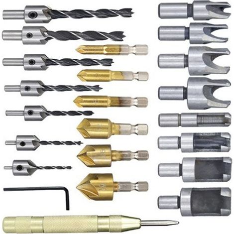 Jeu de 23 forets à bois en acier inoxydable et laiton, queue hexagonale 1/4in, fraise à lamage ronde 3/8in, pour menuiserie et bricolage (1/5)