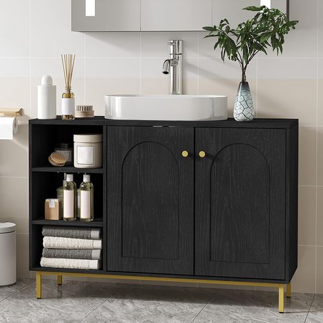 Meuble sous vasque noir 30x90x63 cm – MDF résistant à l'humidité – Étagère réglable – Pieds métalliques ajustables
