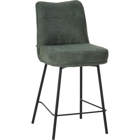 Tabouret de bar Léon tissu vert – Hauteur assise 66 cm – Pieds en métal – Repose-pieds intégré – Confort optimal (1/5)