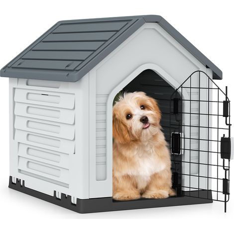 COSTWAY Cuccia per Cani da Esterno ed Interno, Cassetta per Cani Impermeabile con Porta in Metallo Bloccabile e Prese d'aria e Tetto Spiovente, Cucce per Cuccioli per Casa, 66,5 x 52 x 60 cm (Grigio) (1/5)
