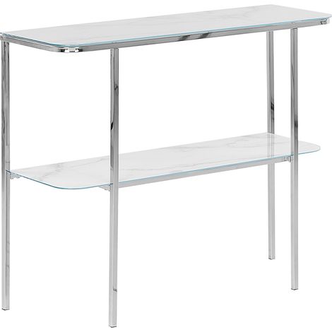 Consola de vidrio templado metal blanco plateado 100 x 33 cm efecto mármol glamour moderno sala de estar dormitorio Calvert (1/5)
