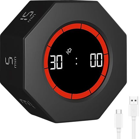 Minuteur Digital à Bascule Gravitationnelle : Minuteur à Rebours Rechargeable 1/3/5/15/30/60/90 Minutes, Pomodoro Octogonal Rotatif pour Cuisine Cuisson, Travail, Sport (Noir) (1/5)