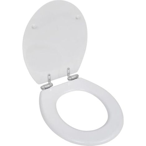 Abattant de toilette en panneau de fibres de moyenne densité blanc avec mécanisme de fermeture amortie.
