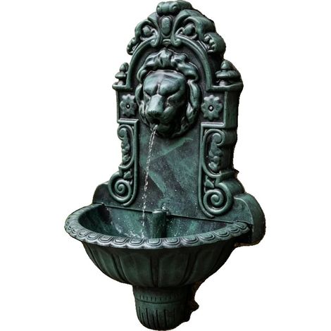 Fontana da parete a forma di testa di leone, in materiale plastico, larghezza 41 cm, profondità 22,5 cm, altezza 65 cm, adatta per uso interno/esterno. (1/5)
