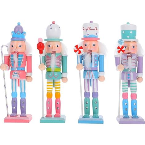 Weihnachtsdekorationsset „Nussknacker“: 4 hölzerne Nussknacker-Soldaten, 18 cm, bonbonfarbene Mini-Nussknackerfiguren, traditioneller Nussknacker-Weihnachtsbaumschmuck (1/5)