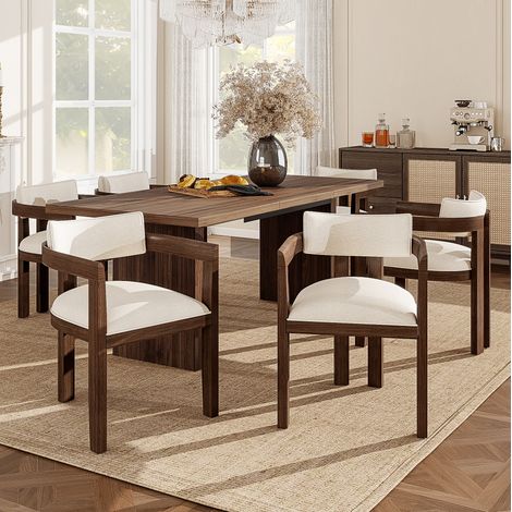 Set de 2 sillas de comedor de madera maciza, color nogal, con reposabrazos y tapizado de lino,57.5x60.5x78.5cm (1/5)