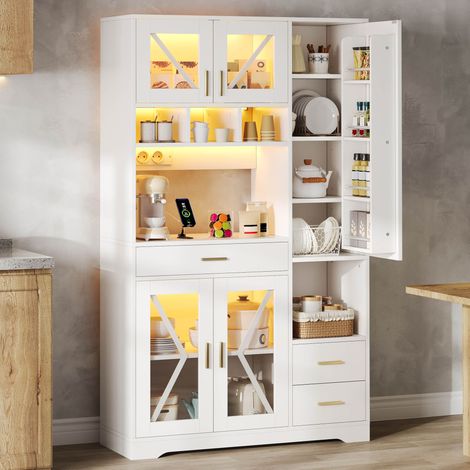Buffet de cuisine 185x105x40 cm, meuble de rangement style grange, led, prises électriques, tiroir, étagères réglables, mdf, blanc (1/5)