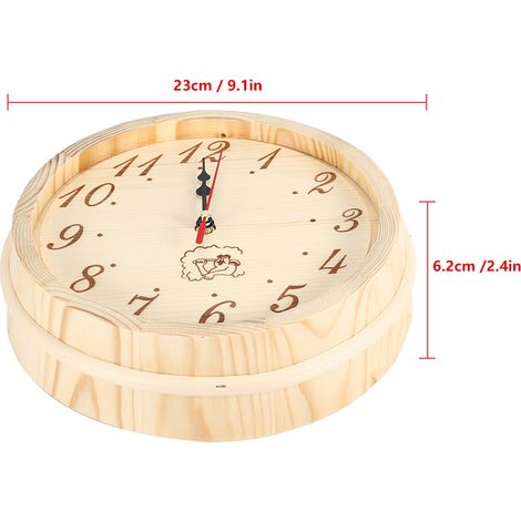 Reloj de baño: diseño minimalista con esfera de madera y sin cubierta de cristal para salón, oficina y sauna. 23 cm de diámetro, resistente a la temperatura y la humedad. Funciona con 1 pila AA. (1/5)