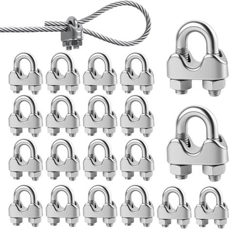 Stainless Steel Cable Clamps 5mm, 20 Pieces Metal Cable Clip Steel Cable Clamps U-Bolt Fasteners Rope Clip Cable Clamp End Cap for Fixing Hanging Awnings Clotheslines 5mm Diameter (M5) (1/5)