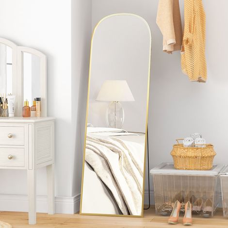 Miroir sur pied doré rectangulaire bords arrondis, cadre alu, socle fourni, parfait pour entrée, chambre ou dressing, 50 x 161,5 cm