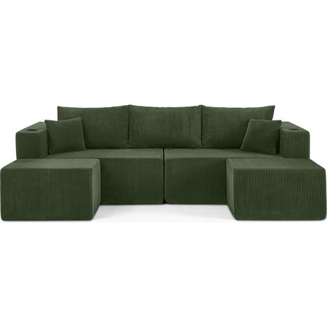 Sofá Esquinero Modular de 3 Plazas con Otomanas Móviles, Portavasos, Bolsillos Laterales, Cojines, de Espuma, Verde (1/5)