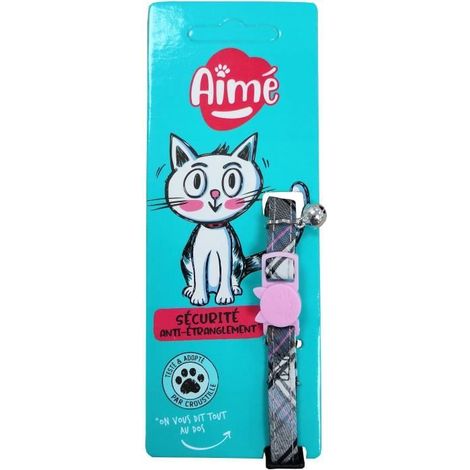 Katzenhalsband - AIME - Rosa Tartan - Blaue Jeans, Karamellblume, goldene Glocke