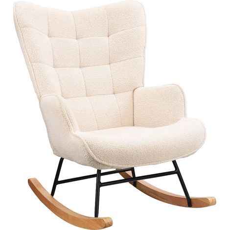 Fauteuil à bascule confortable en velours teddy – Dossier haut et accoudoirs rembourrés – Pieds en bois massif – beige – 575x53x93 cm (1/4)