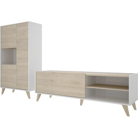 Ensemble de salon avec meuble bas TV + buffet avec 3 portes coloris chêne naturel, blanc (1/5)