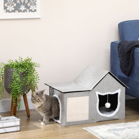 Maison pour chat avec griffoir, balle de jeu et niche incluses, 65 cm x 41 cm x 45,5 cm (H), marron, blanc et beige (1/5)