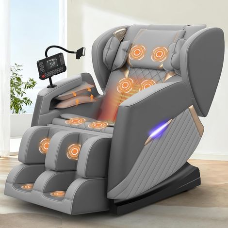 Fauteuil de massage ergonomique équipé de 14 rouleaux de massage, d'une fonction de massage des pieds, de 8 coussins gonflables, d'un haut-parleur Bluetooth et d'un écran tactile, gris foncé