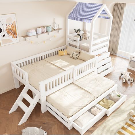 Lit superposé 90x200 cm, avec lit gigogne 90x190 cm et escalier latéral, en bois, blanc, sans matelas (1/4)
